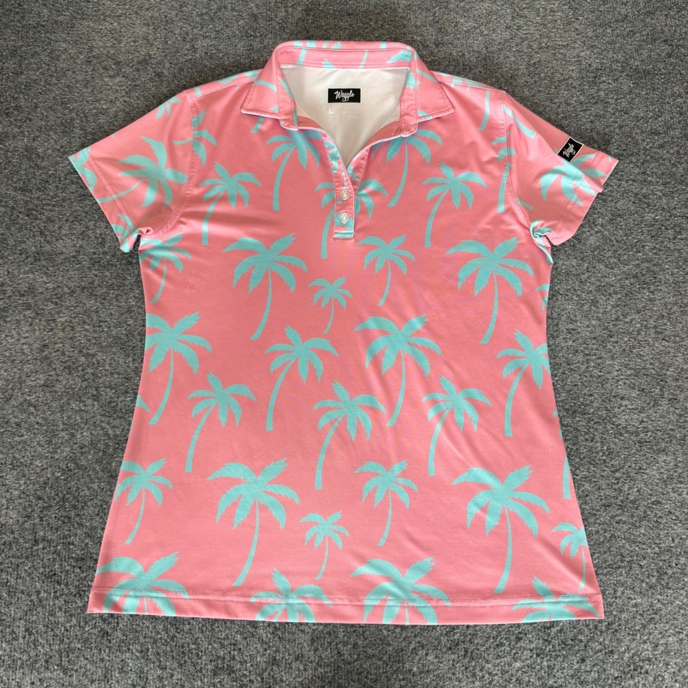 Waggle Golf Women Pink Palm Tree Performance Polo Shirt L Tropical Short Sleeve